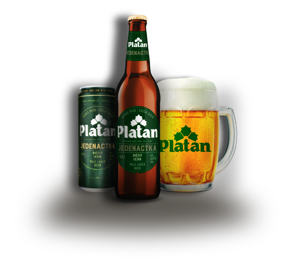 Platan jedenáctka v lahvi, plechovce a půllitru